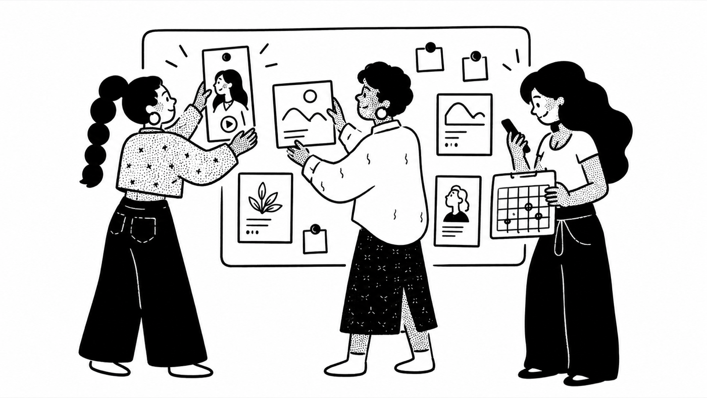 Three social media managers pinning posts and a calendar to a shared content board